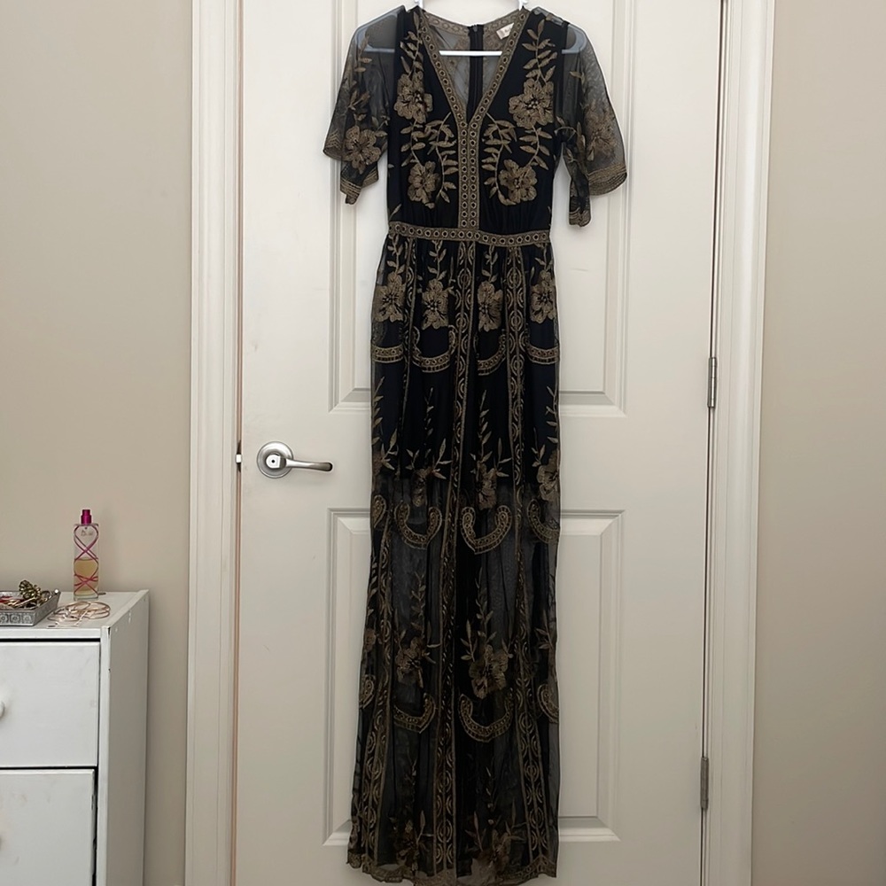 Altar’d State Black and Gold Maxi Dress with Side Slits